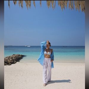 Bright blue button up shirt